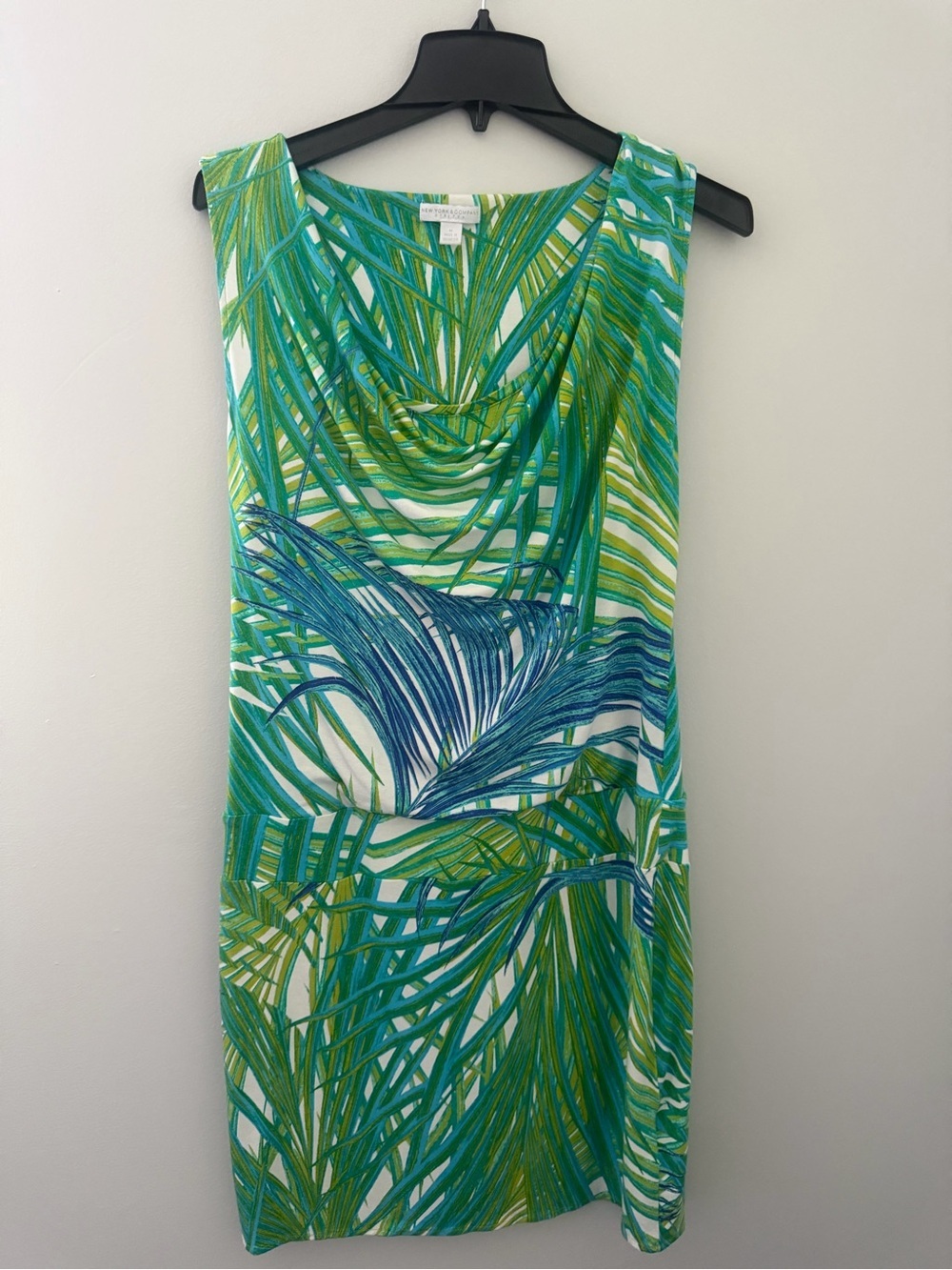 New York & Company Green & Blue Tropical-Print Cowl-Neck Drop Waist Dress Medium